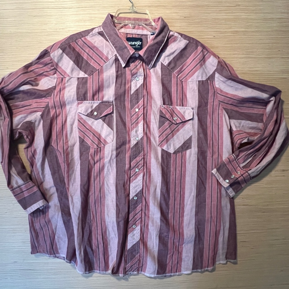 Wrangler Striped Button-Down Shirt in Pink and Mauve snap 3xl